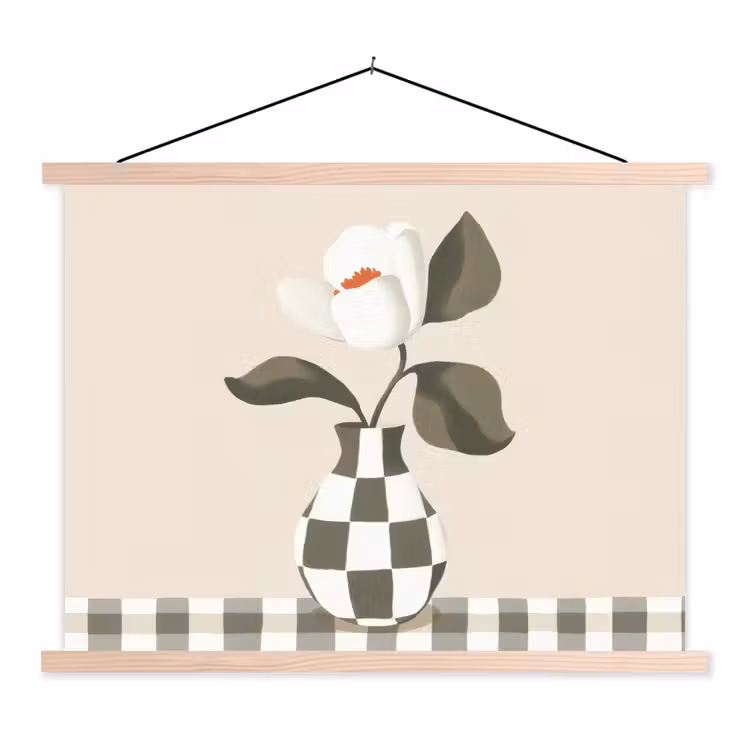 Vaas - Geruit - Groen - Bloem textielposter latten blank klein -3d