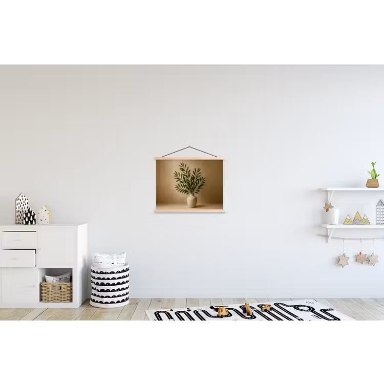 Vaas - Olijftakken - Bladeren - Beige textielposter latten blank klein -kinderkamer