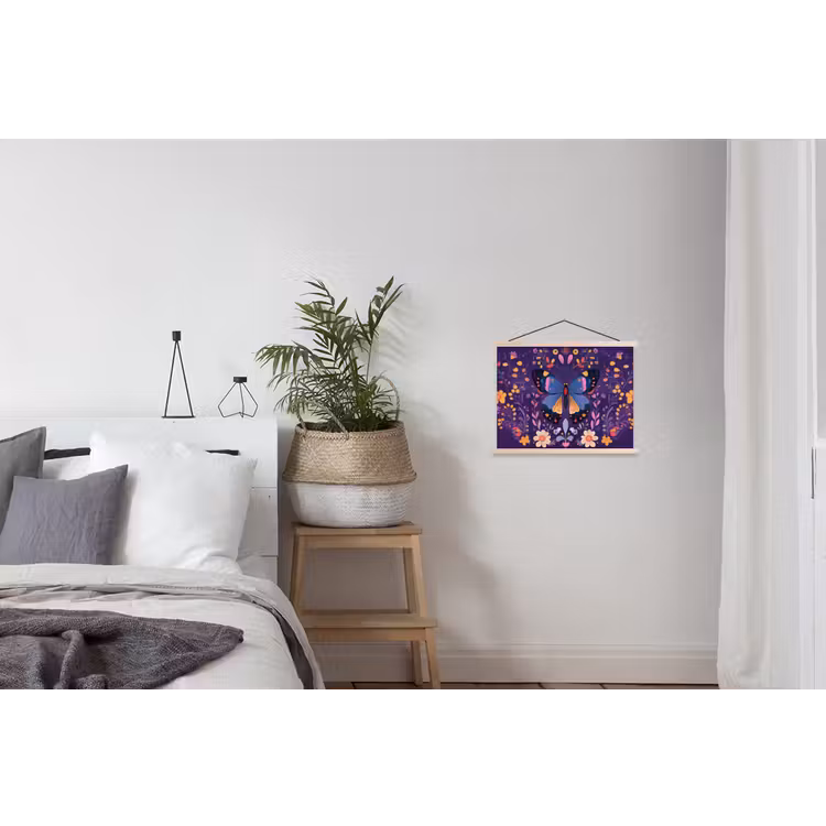 Sierlijk - Bloemen - Vlinder - Paars textielposter latten blank klein -woonkamer