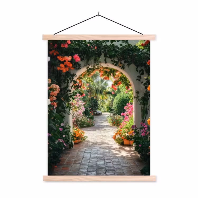 Doorkijk - Bloemen - Natuur - Bloementuin textielposter latten blank klein -3d