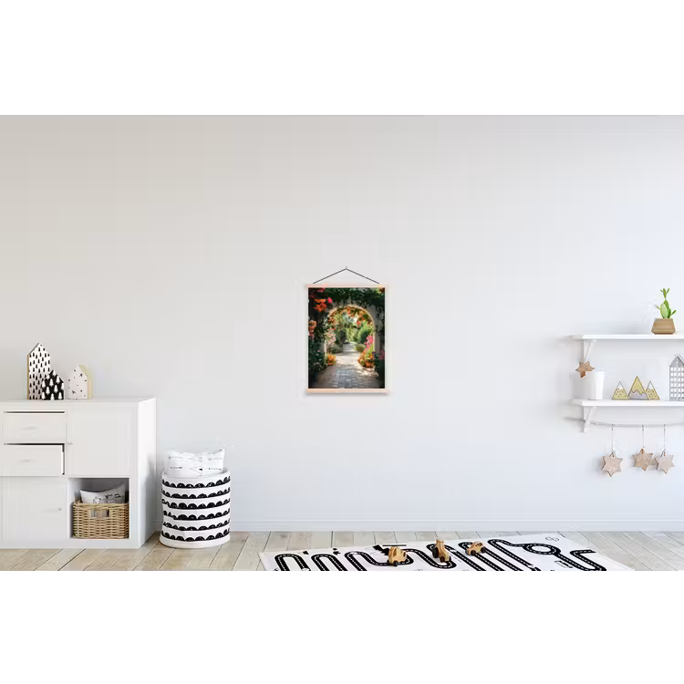 Doorkijk - Bloemen - Natuur - Bloementuin textielposter latten blank klein -kinderkamer
