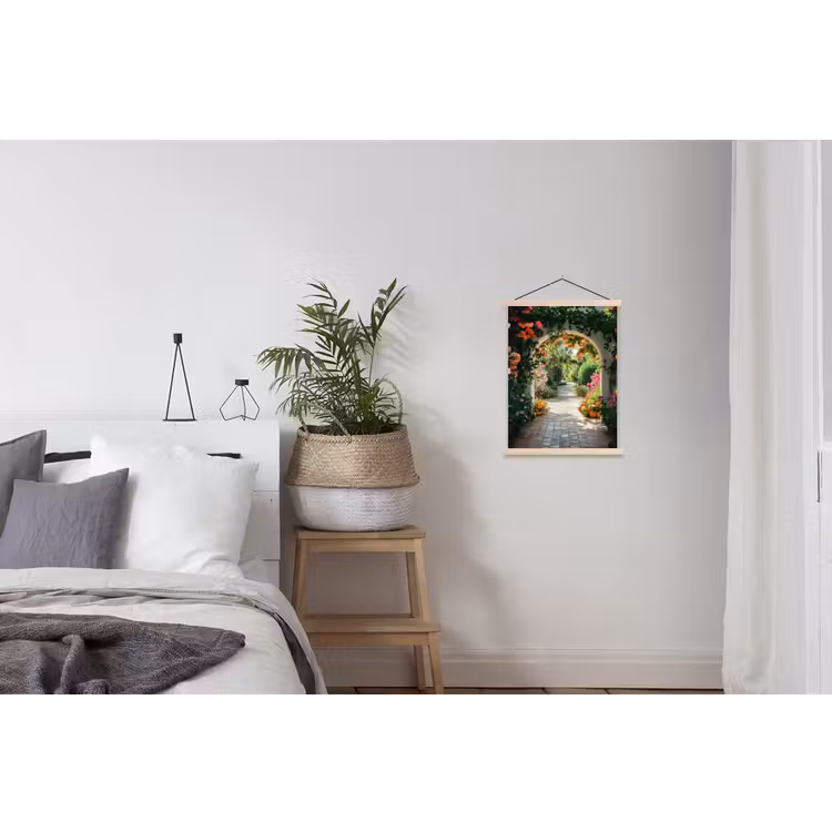 Doorkijk - Bloemen - Natuur - Bloementuin textielposter latten blank klein -woonkamer