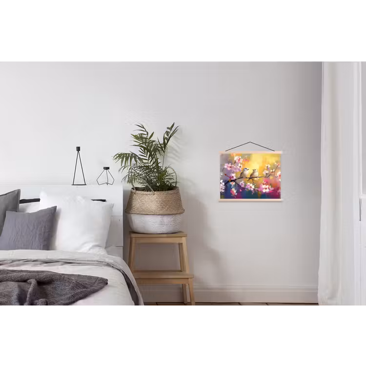 Vogels - Bloemen - Roze textielposter latten blank klein -woonkamer