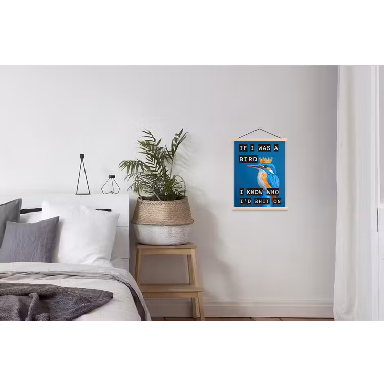 Vogel - Decoratie - Ijsvogel - Blauw textielposter latten blank klein -woonkamer