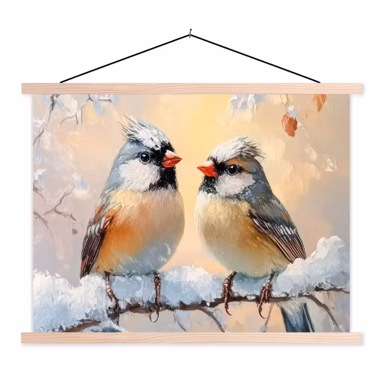 Vogels - Tak - Winter - Sneeuw textielposter latten blank klein -3d