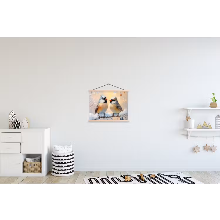 Vogels - Tak - Winter - Sneeuw textielposter latten blank klein -kinderkamer