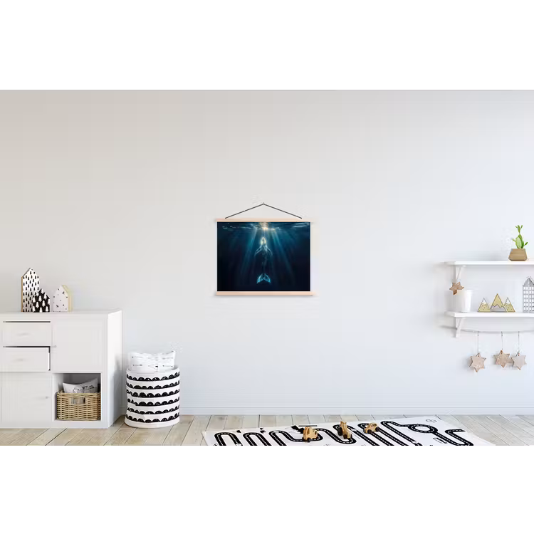Walvis - Water - Zonnestralen - Blauw textielposter latten blank klein -kinderkamer