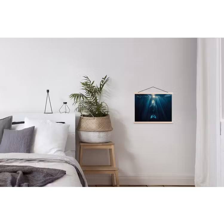 Walvis - Water - Zonnestralen - Blauw textielposter latten blank klein -woonkamer