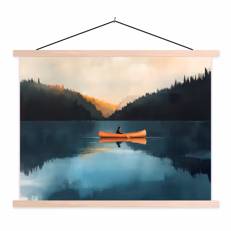 Bossen - Meer - Kano - Oranje textielposter latten blank klein -3d