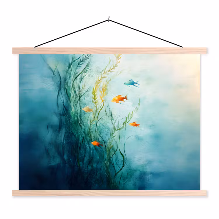 Waterplanten - Vissen - Kleurrijk - Water textielposter latten blank klein -3d