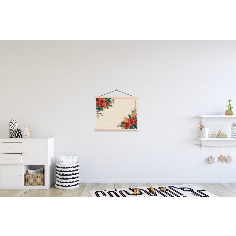 Kerst - Poinsettia - Omlijsting - Kleurrijk textielposter latten blank klein -kinderkamer