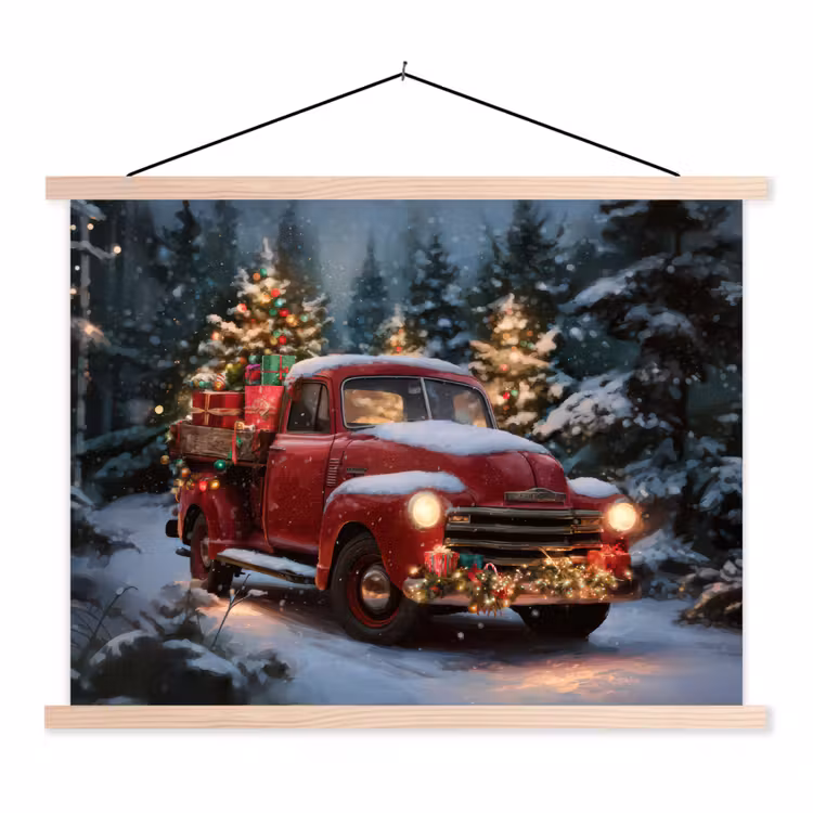 Kersttruck - Sneeuwbos - Rood textielposter latten blank klein -3d