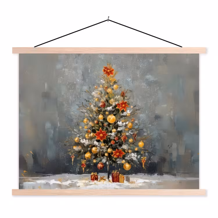 Kerstboom - Cadeaus - Rood - Goud textielposter latten blank klein -3d