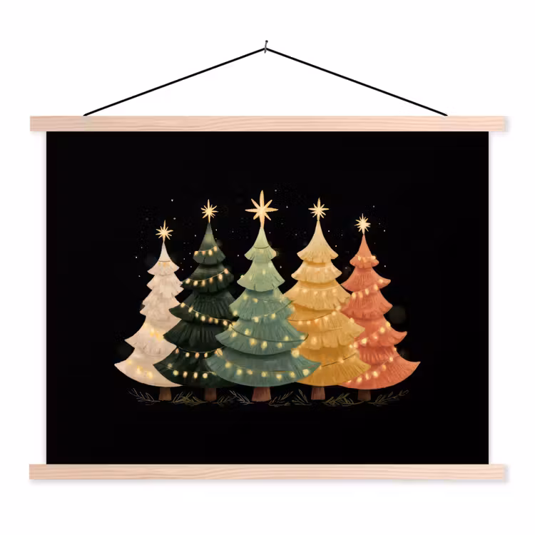 Kerstbomen - Kleurrijk - Lichtjes - Ster textielposter latten blank klein -3d