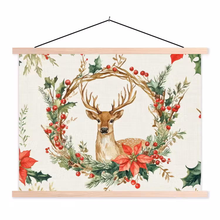 Kerstkrans - Hert - Hulst - Rood textielposter latten blank klein -3d