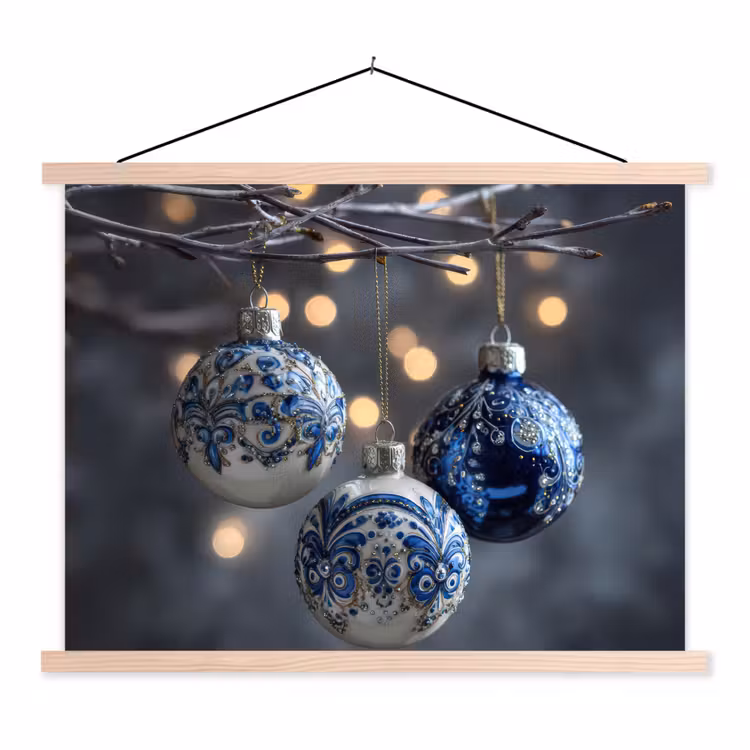 Kerstbal - Versierd - Blauw textielposter latten blank klein -3d