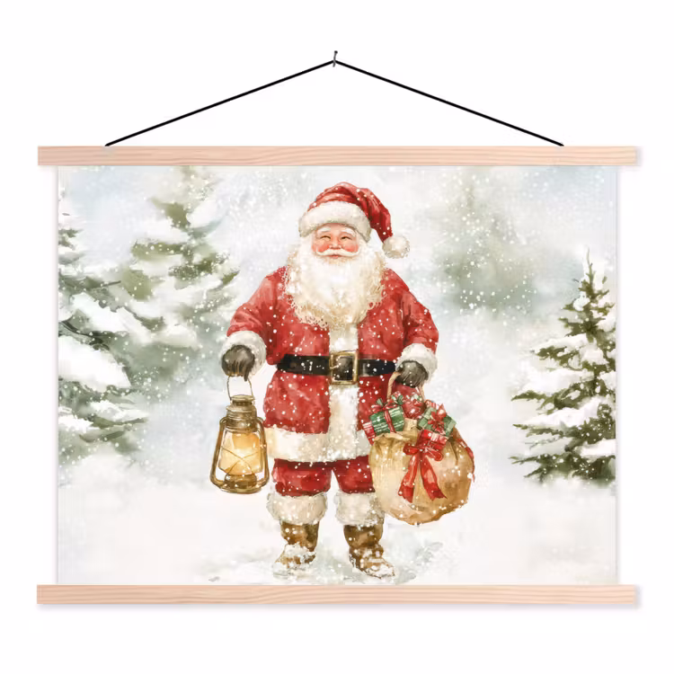 Kerstman- Winter - Sneeuw - Wit - Rood textielposter latten blank klein -3d