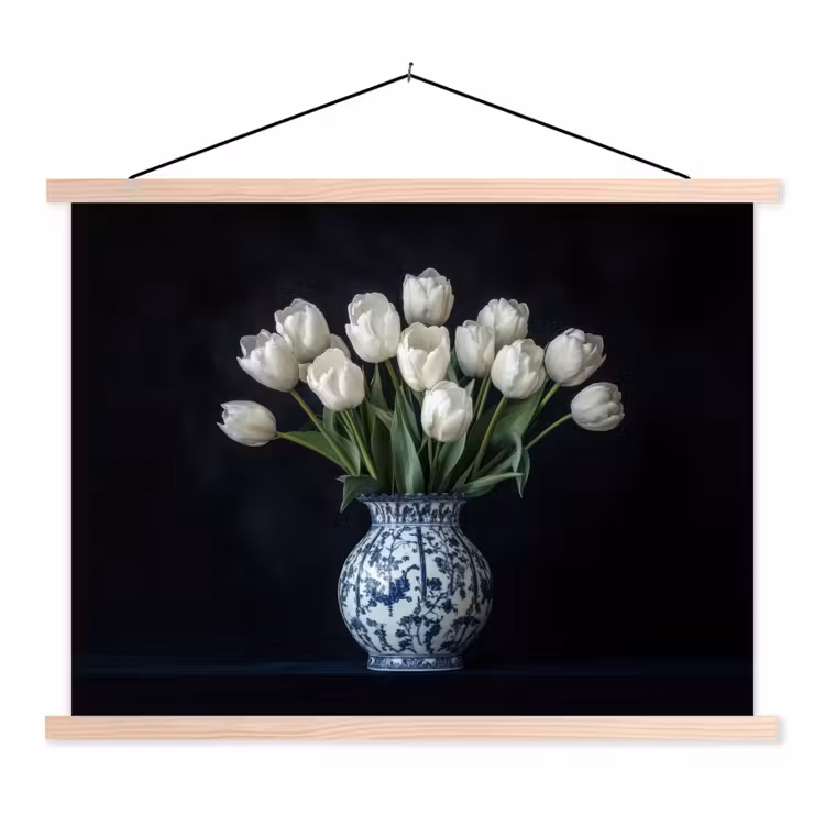 Wit - Bloemen - Tulpen - Vaas textielposter latten blank klein -3d