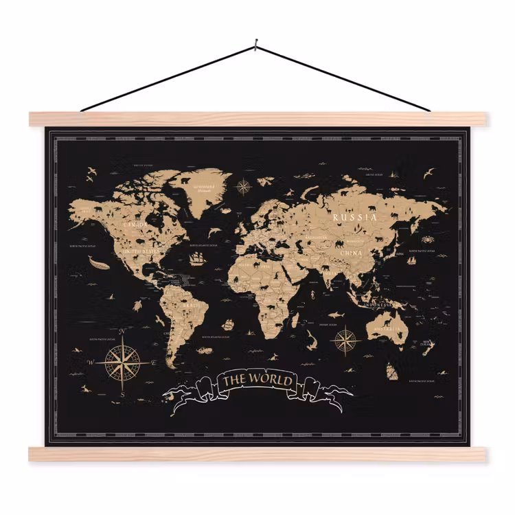 Wereldkaart - Beige - Zwart textielposter latten blank klein -3d