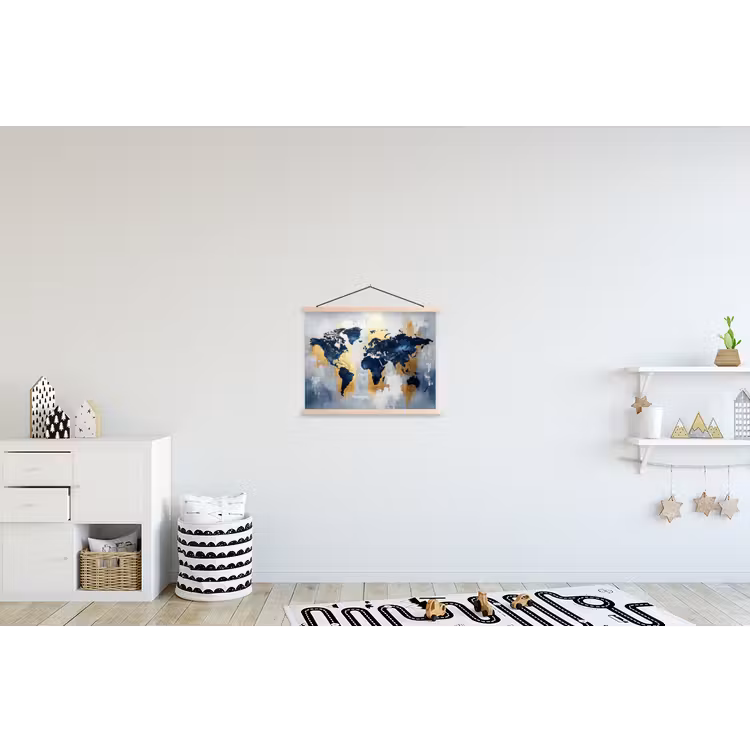 Wereldkaart - Blauw - Abstract textielposter latten blank klein -kinderkamer