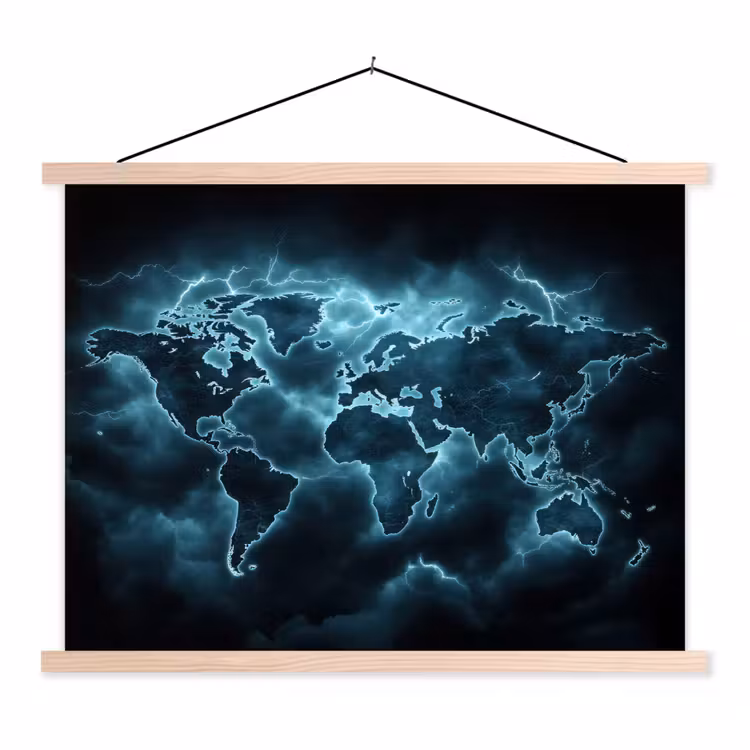 Wereldkaart - Bliksem - Blauw textielposter latten blank klein -3d