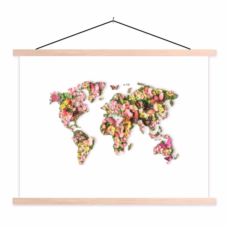 Wereldkaart - Bloemen - Felgekleurd textielposter latten blank klein -3d