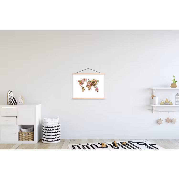 Wereldkaart - Bloemen - Felgekleurd textielposter latten blank klein -kinderkamer