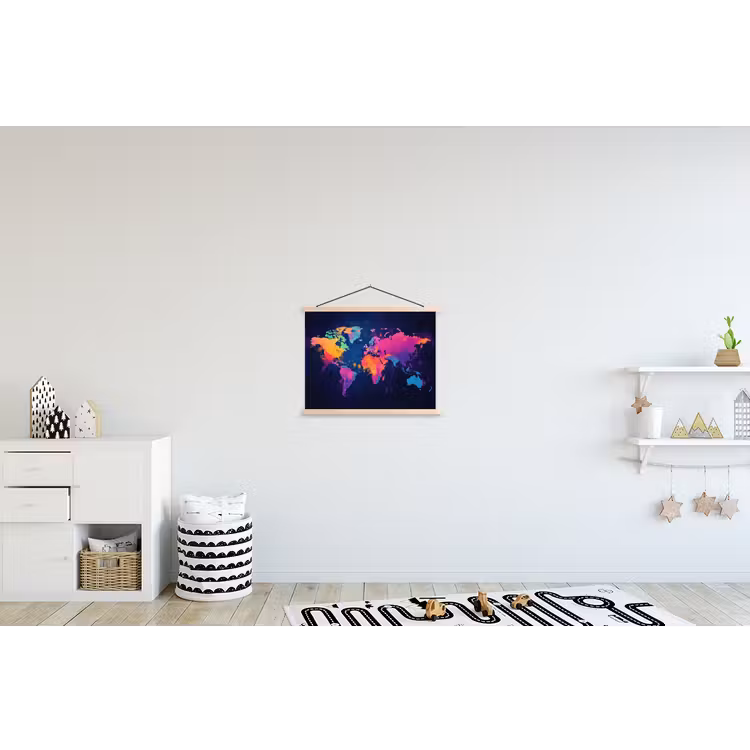 Wereldkaart - Kleurrijk - Graffiti textielposter latten blank klein -kinderkamer