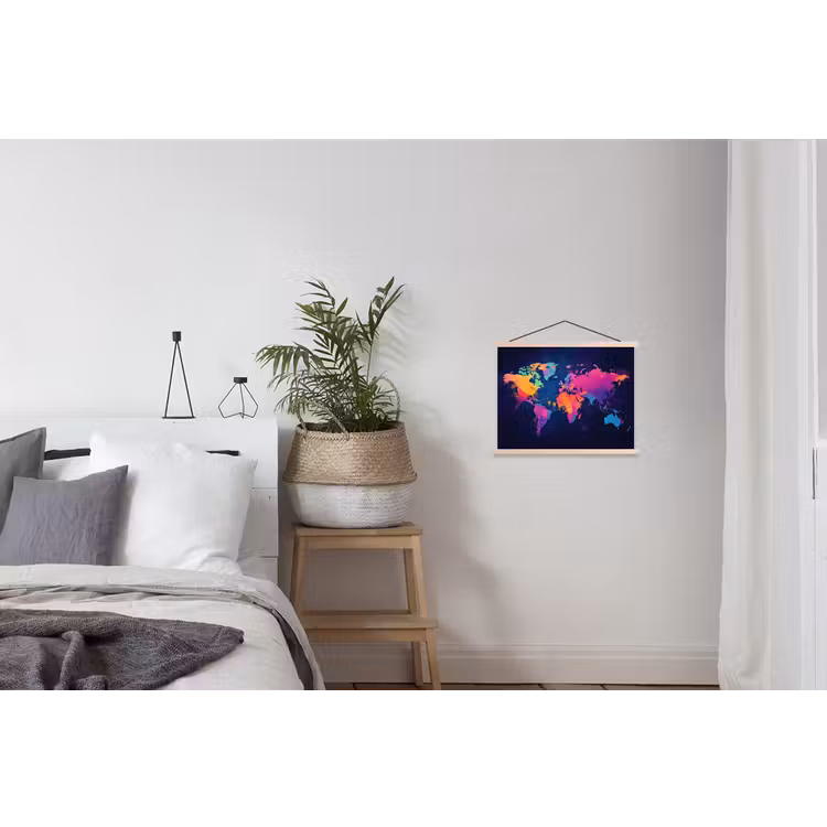 Wereldkaart - Kleurrijk - Graffiti textielposter latten blank klein -woonkamer