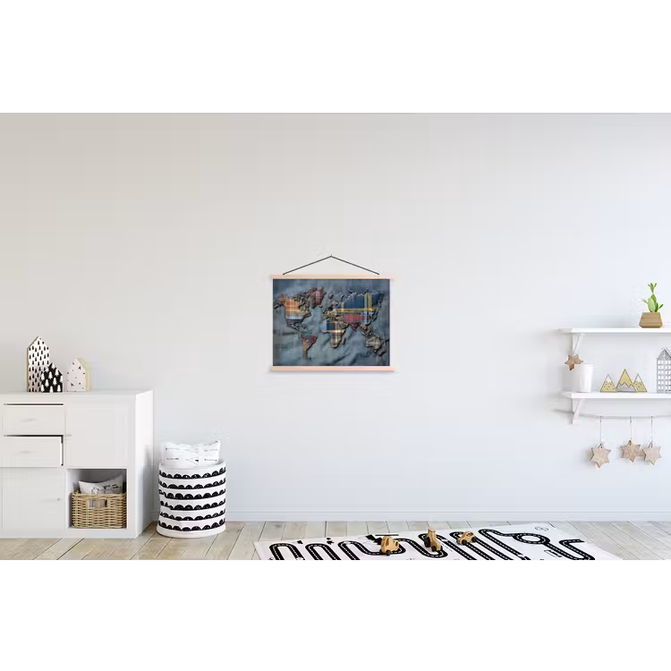 Wereldkaart - Denim - Textiel textielposter latten blank klein -kinderkamer