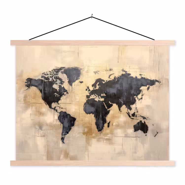Wereldkaart - Goud - Zwart - Abstract textielposter latten blank klein -3d