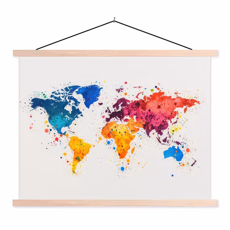 Wereldkaart - Graffiti - Kleurrijk textielposter latten blank klein -3d