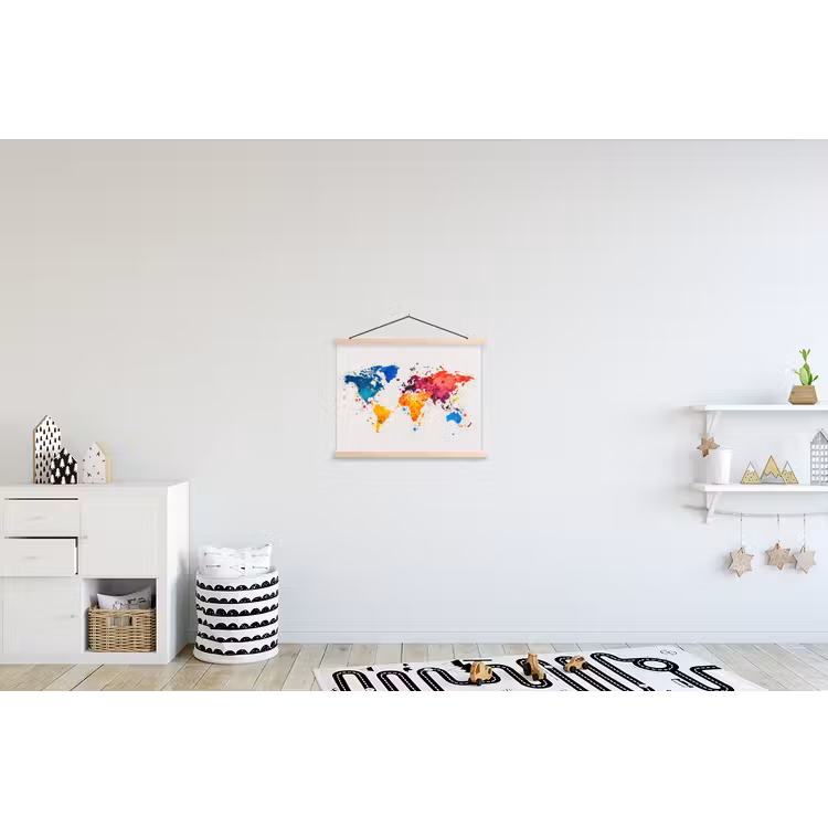 Wereldkaart - Graffiti - Kleurrijk textielposter latten blank klein -kinderkamer
