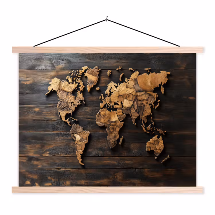 Wereldkaart - Hout - Mozaïek textielposter latten blank klein -3d