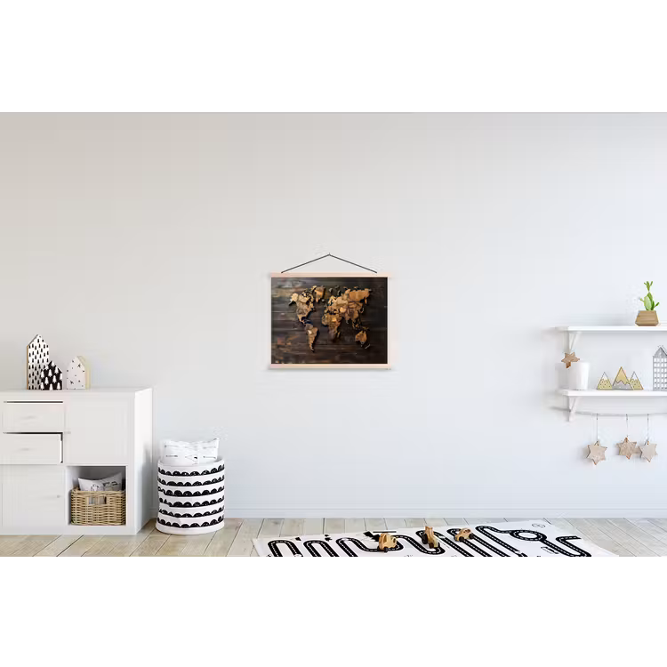 Wereldkaart - Hout - Mozaïek textielposter latten blank klein -kinderkamer