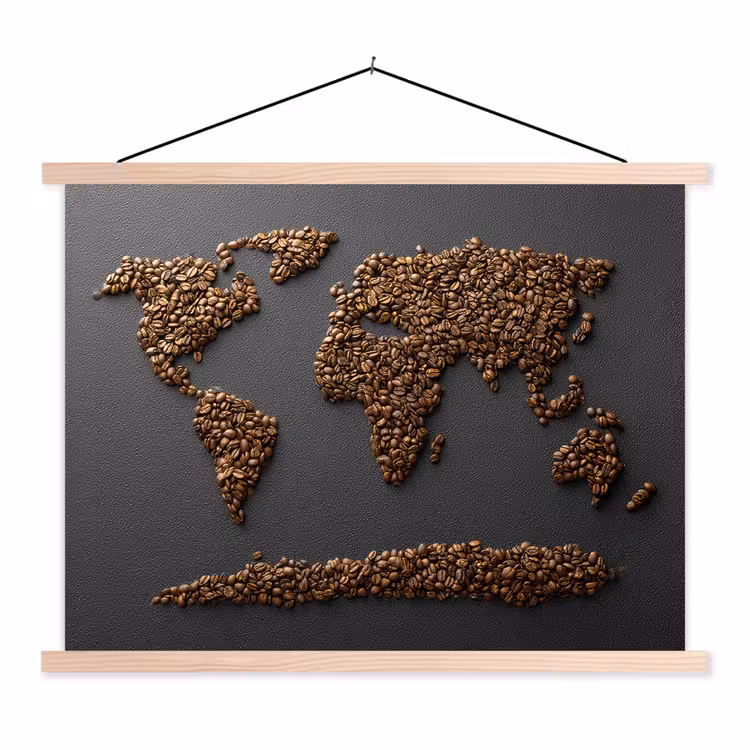 Wereldkaart - Koffie - Grijs textielposter latten blank klein -3d