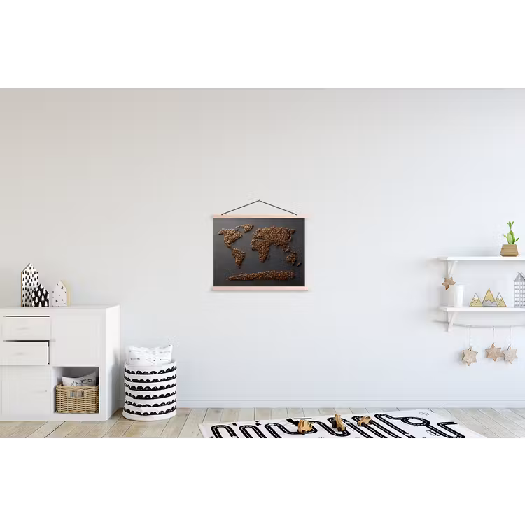 Wereldkaart - Koffie - Grijs textielposter latten blank klein -kinderkamer