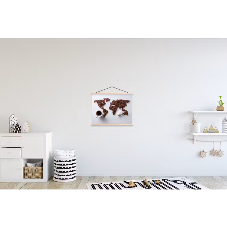 Wereldkaart - Koffiebonen - Suikerklontjes textielposter latten blank klein -kinderkamer