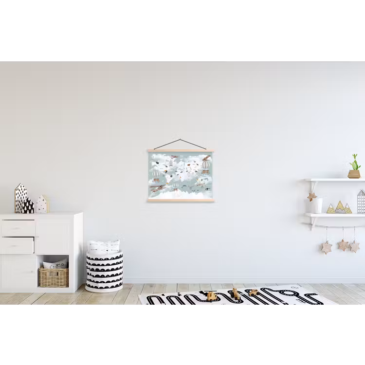 Wereldkaart - Kind - Vliegtuig textielposter latten blank klein -kinderkamer
