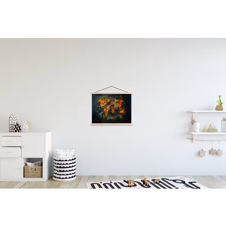 Wereldkaart - Kruiden - Levendige kleuren textielposter latten blank klein -kinderkamer