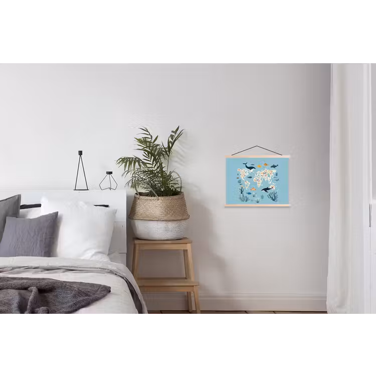 Wereldkaart - Zeeleven - Blauw textielposter latten blank klein -woonkamer