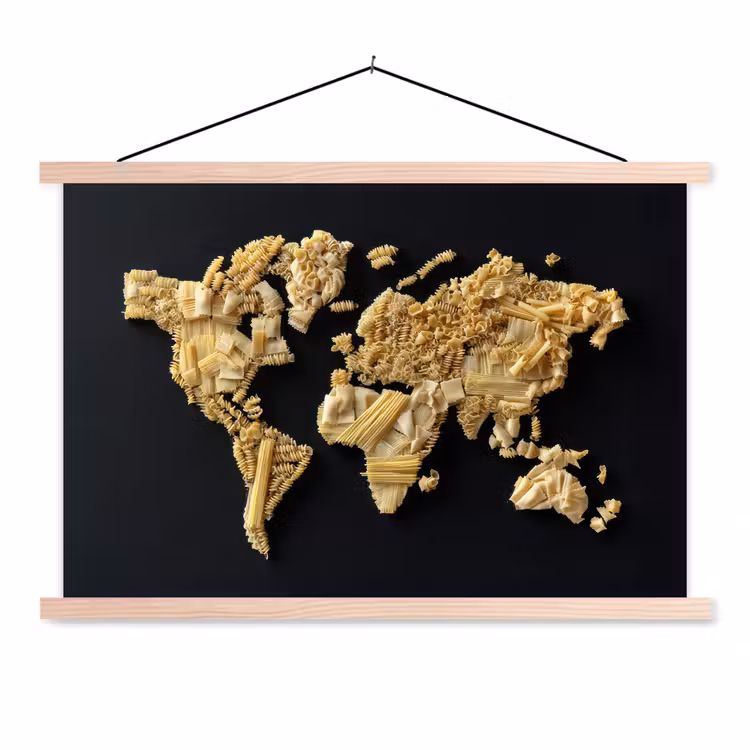 Wereldkaart - Pasta - Zwart textielposter latten blank klein -3d