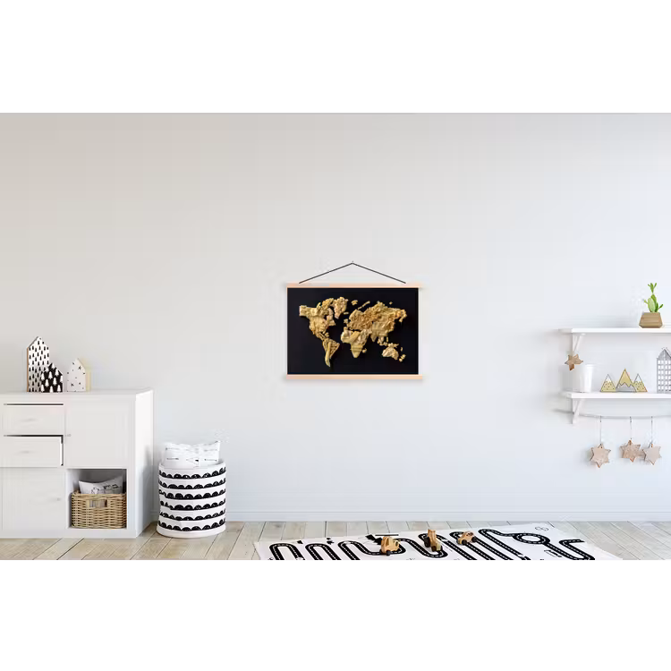 Wereldkaart - Pasta - Zwart textielposter latten blank klein -kinderkamer