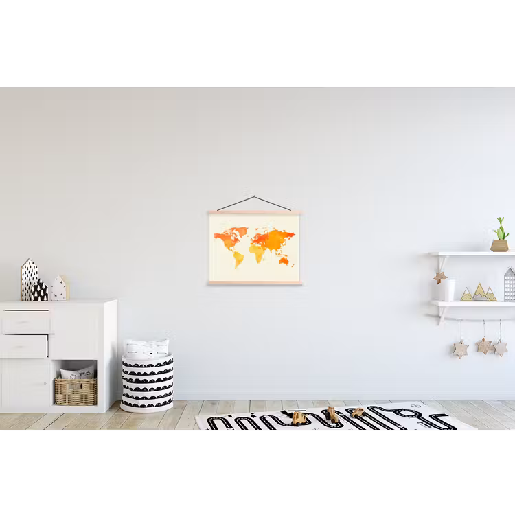 Wereldkaart - Oranje - Kleurrijk textielposter latten blank klein -kinderkamer