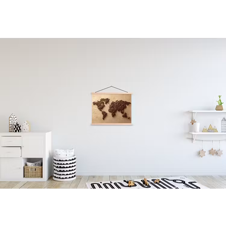 Wereldkaart - Zandkleur - Koffiebonen textielposter latten blank klein -kinderkamer