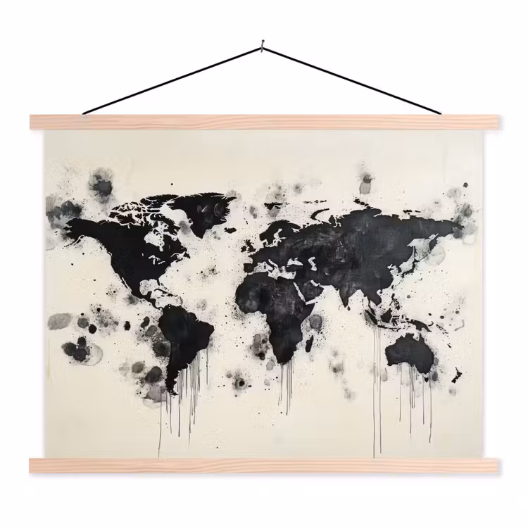 Wereldkaart - Zwart - Inkt textielposter latten blank klein -3d