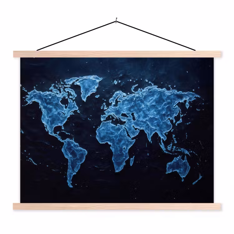 Wereldkaart - Waterstructuur - Blauw textielposter latten blank klein -3d