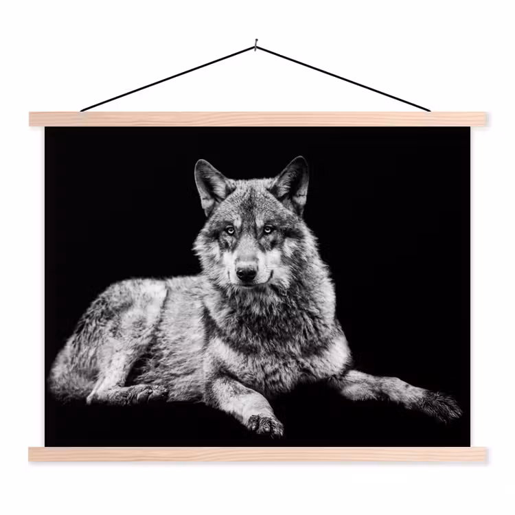 Wilde dieren - Wolf - Zwart - Wit textielposter latten blank klein -3d