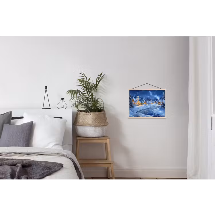 Winteravond - Kerstdorp - Donker textielposter latten blank klein -woonkamer