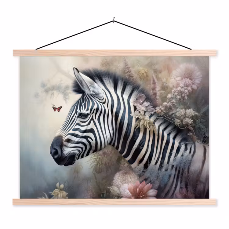 Zebra - Wilde dieren - Vlinder - Bloemen textielposter latten blank klein -3d